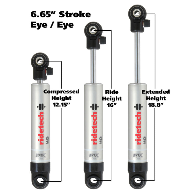 Ridetech, Ridetech 22179841 - HQ Series Shock Absorber Single Adjustable 6.65in Stroke Eye/Eye Mounting 12.15in x 18.8in